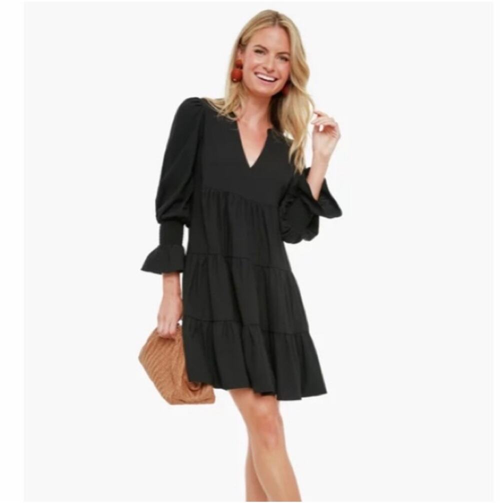 TUCKERNUCK Pomander Place Black Crepe Kenzo Tiered Mini Dress, Size Large/12
